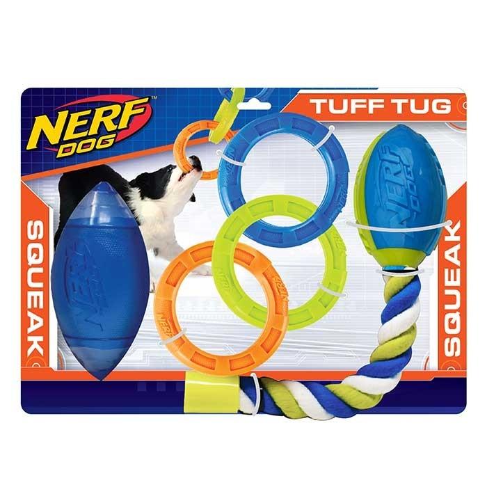 Nerfpet Football, Ring Tug & Chain Tug Set Dog Toy Multi - PetBuy